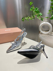 CROSS STRAP HIGH HEELED SLINGBACK IN SILVER METALLIC GLOSSY SHEEPSKIN