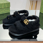 DAD SANDALS IN BLACK FLEECE WITH GOLD HARDWARE