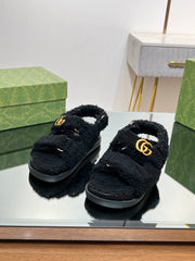 DAD SANDALS IN BLACK FLEECE WITH GOLD HARDWARE