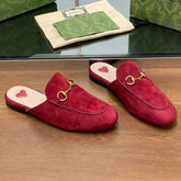 HORSEBIT MULE IN CHERRY RED SUEDE WITH GOLD HARDWARE