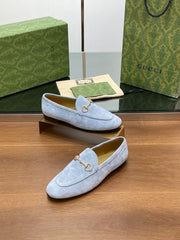 HORSEBIT LOAFER IN LIGHT BLUE SUEDE WITH GOLD HARDWARE