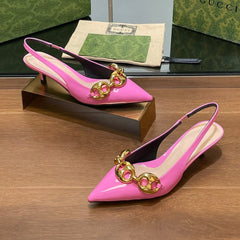 GG MID-HEELED SLINGBACK 4.5 CM IN FUSICA PINK GLOSSY CALFSKIN WITH GOLD HARDWARE