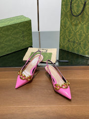 GG MID-HEELED SLINGBACK 4.5 CM IN FUSICA PINK GLOSSY CALFSKIN WITH GOLD HARDWARE