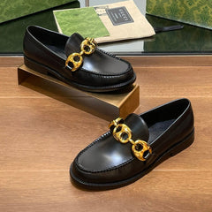 GG LOAFER SHOES IN BLACK CALFSKIN WITH GOLD HARDWARE