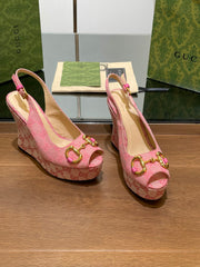 GG WEDGE PLATFORM IN LIGHT PINK MONOGRAM JACQUARD FABRIC