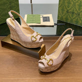 GG WEDGE PLATFORM IN ALMOND BEIGE MONOGRAM JACQUARD FABRIC