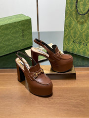 GG WOMEN'S HORSEBIT PLATFORM LOAFER SLINGBACK IN DARK BROWN CALFSKIN