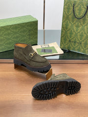 GG WOMEN'S HORSEBIT ANKLE BOOTS 4.5CM IN KHAKI GREEN SUEDE