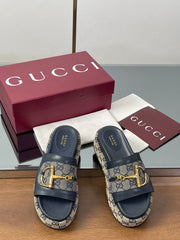 HIGH 5.5 CM WEDGE SANDALS IN BLACK AND BEIGE CALFSKIN AND FABRIC