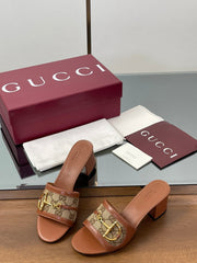 HIGH HEEL MULE 5.5 CM IN BROWN CALFSKIN MIX FABRIC AND GOLD HARDWARE