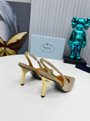 CRYSTAL SATIN HIGH-HEEL SLING BACK PUMPS GOLD