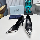 HIGH POINTED-TOE PUMPS IN BLACK MIX SILVER SATIN