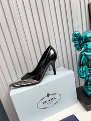 HIGH POINTED-TOE PUMPS IN SILVER MIX BLACK GLOSSY CALFSKIN