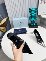 HIGH POINTED-TOE PUMPS IN SILVER MIX BLACK CALFSKIN