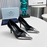 HIGH POINTED-TOE PUMPS IN SILVER MIX BLACK CALFSKIN