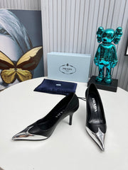 HIGH POINTED-TOE PUMPS IN SILVER MIX BLACK CALFSKIN