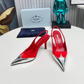 HIGH SLING BACK PUMPS IN SILVER MIX RED SATIN