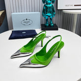 HIGH SLING BACK PUMPS IN SILVER MIX LIME GREEN SATIN