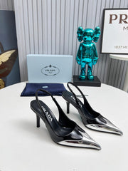 HIGH SLING BACK PUMPS IN SILVER MIX BLACK GLOSSY CALFSKIN