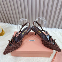 CROSS STRAP HIGH HEELED SLINGBACK IN CHOCOLATE TWEED