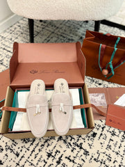 Loro Piana Light Grey White Suede Charms Walk Flat Mules