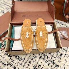 Loro Piana Salmon White Suede Charms Walk Flat Mules