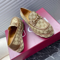 HORSEBIT PLATFORM LOAFER IN TAN BEIGE MONOGRAM JACQUARD FABRIC