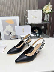 J'ADIOR SLINGBACK PUMP BLACK CALFSKIN AND EMBROIDERED FABRIC 65 MM