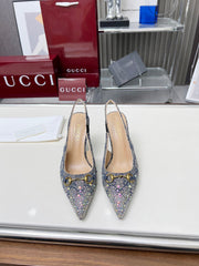 HORSEBIT SLINGBACKS IN DOVE GRAY MONOGRAM FABRIC WITH CRYSTALS
