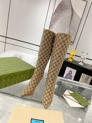 GG KNEE BOOTS IN BEIGE MONOGRAM JACQUARD FABRIC AND CALFSKIN LINING