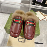HORSEBIT MULE WITH WEB IN WINE RED CALFSKIN MIX MINK FUR