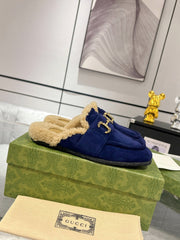 HORSEBIT MULE IN ROYAL BLUE SUEDE AND FLEECE LINING