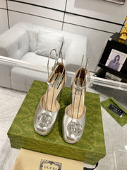 HIGH SANDAL SQUARE HEEL 12 CM IN SILVER CALFSKIN