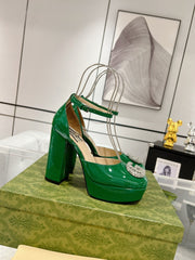 GG CRYSTALS PLATFORM PUMPS JADE GREEN CALFSKIN