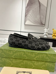 MEN'S LOAFER WITH HORSEBIT IN BLACK MONOGRAM JACQUARD FABRIC