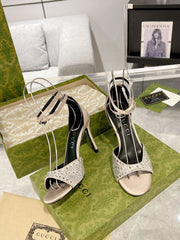 GG CRYSTAL CREAM HIGH HEEL SANDALS SATIN