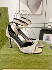 GG CRYSTAL CREAM HIGH HEEL SANDALS SATIN