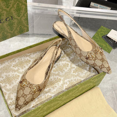 GG HORSEBIT SLINGBACK BALLET FLAT TAN BEIGE CANVAS