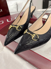 GG MID-HIGH SLINGBACK 4.5 CM IN BLACK GLOSSY EMBOSSED SUEDE AND SHEEPSKIN LINING