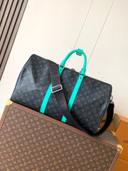 LV 25S KEEPALL 50 WITH SHOULDER STRAP IN BLACK AQUA COATED MONOGRAM ECLIPSE CANVAS AND CALFSKIN