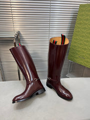 SLIM HORSEBIT KNEE BOOTS WITH WEB IN WINE RED GLOSSY CALFSKIN