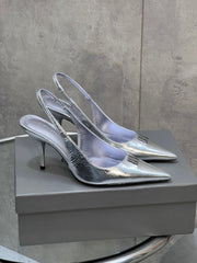 BALENCIAGA 25S HIGH-HEEL SLINGBACK 85 MM IN SILVER COW LEATHER