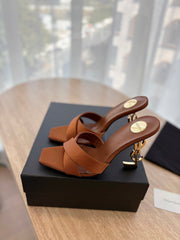 OPYUM OPEN TOE HIGH 10 CM MULES IN BRONZE BROWN CALFSKIN