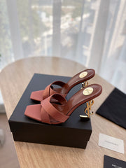 OPYUM OPEN TOE HIGH 10 CM MULES IN MARS RED CALFSKIN