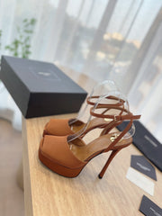 LA SCANDALE HIGH 14 CM PLATFORM SANDALS IN BRONZE BROWN SATIN CREPE