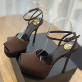 LA SCANDALE HIGH 14 CM PLATFORM SANDALS IN CHOCOLATE BROWN SATIN CREPE