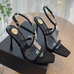 HIGH HEEL SANDAL 10 CM IN BLACK SATIN CREPE AND CRYSTAL