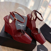 LA SCANDALE HIGH 10 CM WEDGE SANDALS IN CRIMSON RED PATENT LEATHER