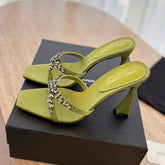 RAV HIGH HEEL 10 CM EMBELLISHED OLIVE GREEN SATIN MULES