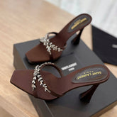 RAV HIGH HEEL 10 CM EMBELLISHED CHOCOLATE BROWN SATIN MULES